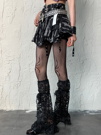Star Pattern Leg Y2K Black Sleeves Trim Lace Strap Self-tie