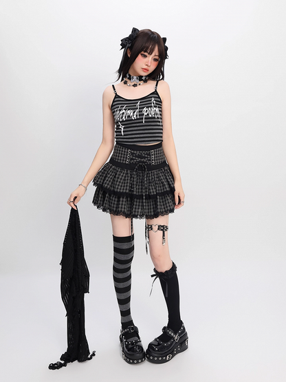 Self-tie Y2K Striped Cami Top with Black Cropped Coverup Set