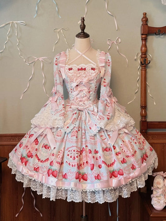 Blue Lolita Dress Bell Cake Piece Long Strawberry Sleeves One Sweet Print