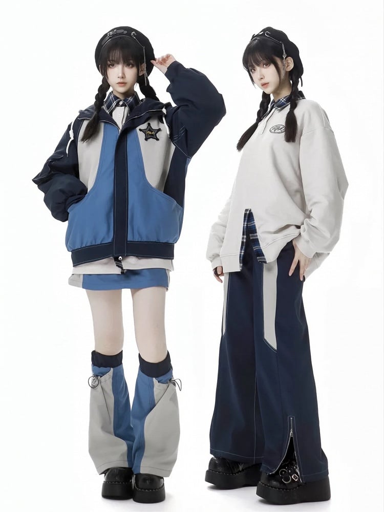 Dark Blue&White Zip Cuff Thicken Pants