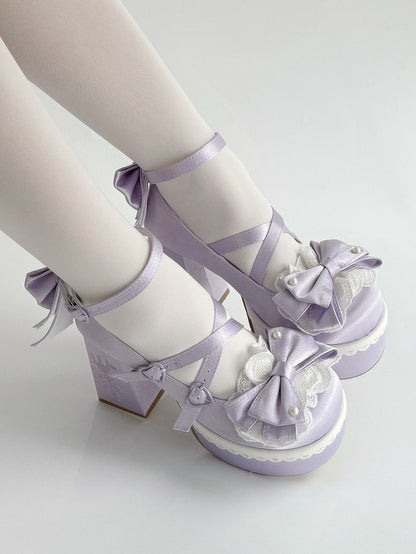 Purple Lolita Lace Bowknot Buckle Straps Fork Platform Block High Heels