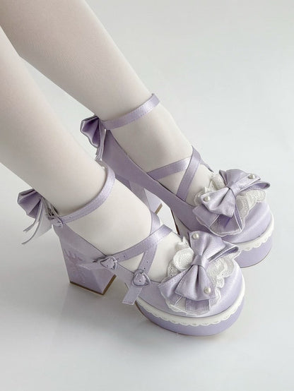Straps Embroidery Platform Heels Fork High Bowknot Lolita Block Buckle Lace Purple