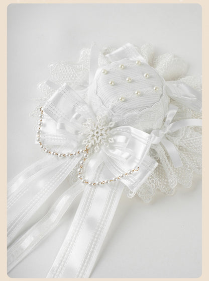 Shiro Lolita White Big Bow Lace Trim Snowflake Mini Hat with Beaded Chain