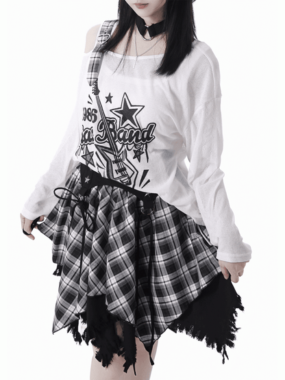 Plaid Skirt White /Black Frayed Handkerchief Hem Blue
