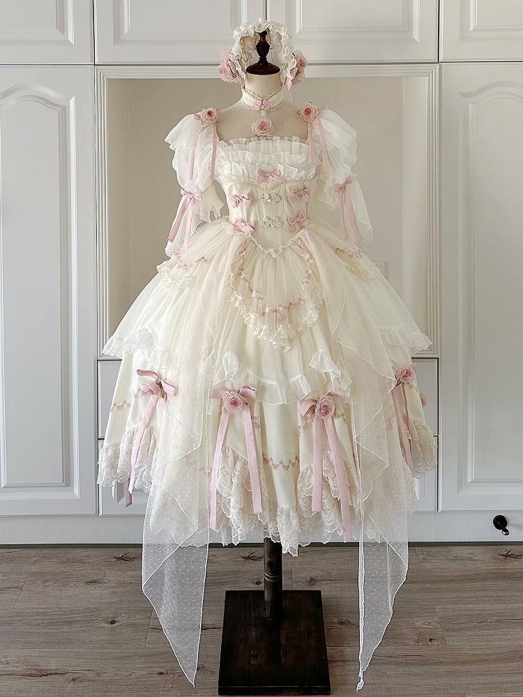 Ensemble complet Hanayome Lolita OP / avec nœuds décoratifs à la taille et basque de fée florale beige