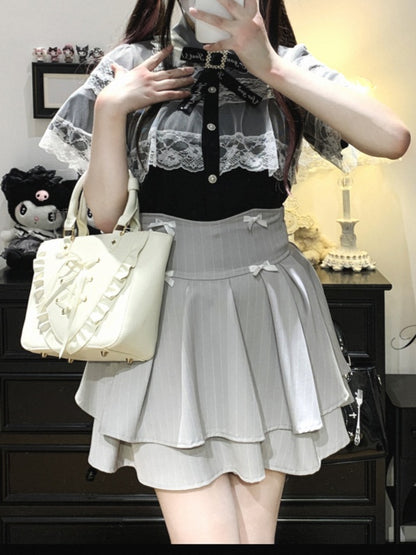 Jirai Kei Black/White/BlackWhite Lace Cape Design Short Sleeves Blouse