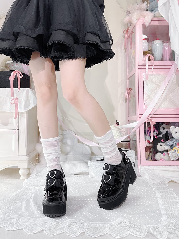 Polished Black Jirai Kei Rhinestone Heart Bowknots Velcro Strap Closures  Landmine Style Platform Shoes