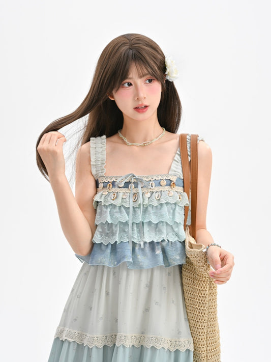 Sleeveless Top Shell Charm Tiered Ruffles Blue