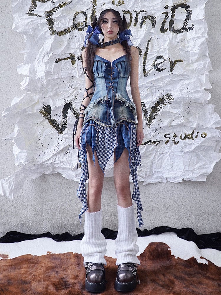Punk Denim Patchwork Skirt with Lace-Up  Plaid Asymmetrical Hem Blue