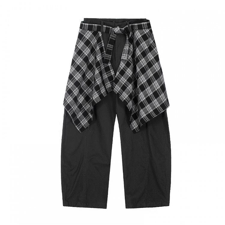 Rise Vintage Grau/Braun Dunkel mit Plaid Taille Zubehör Weite Bein Hosen Niedrigen