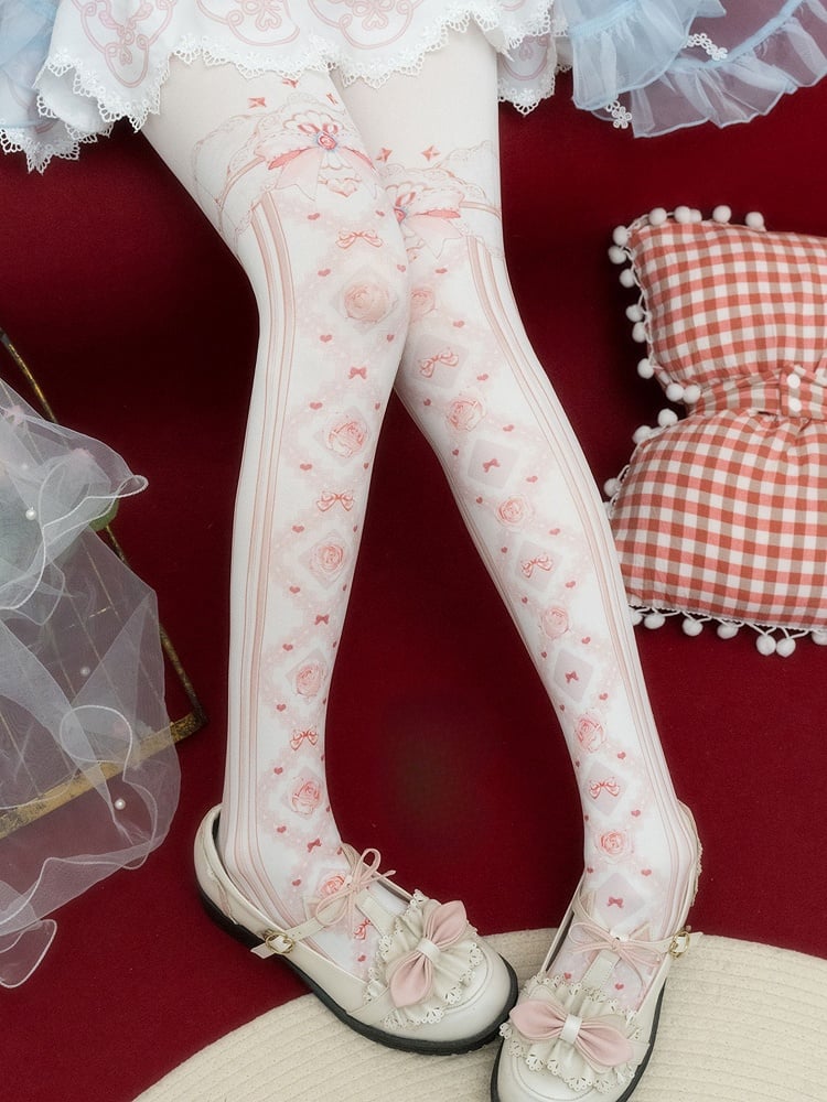 Print Tights Floral And Red/Pink/Blue/Black/Yellow Bowknot