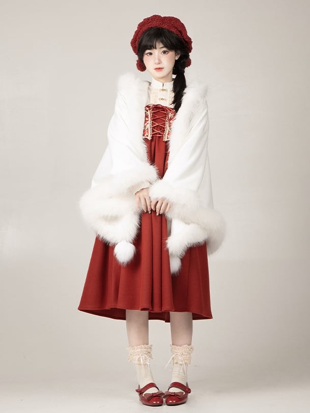 White Plush Trimmed Hooded Winter Cape Coat