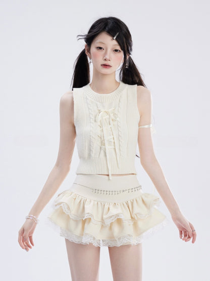 Tiered Skirt Strapless Lace Mini Trim Top/Apricot White Lace Cross Design Black Curved Hem Glamorous