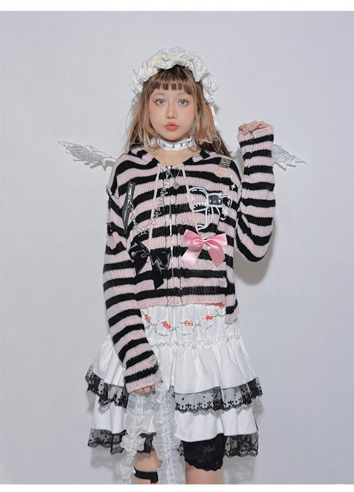 Pink&Black Striped Bowknot Heart-shaped Chain Knit Hooded Cardigan
