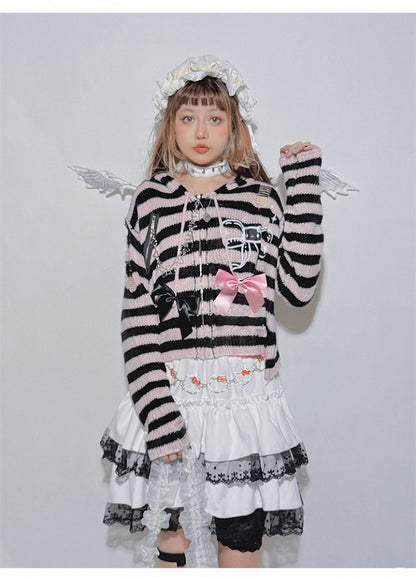 Pink&Black Striped Bowknot Heart-shaped Chain Knit Hooded Cardigan