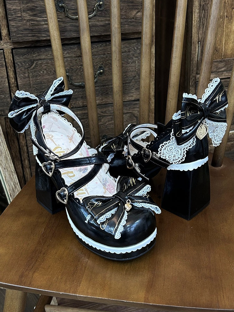 Crisscross Design Heels Bow High Top Block Black Heart Buckles Detachable at