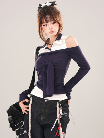 Navy Blue Tie Accent Cutout Shoulder Patchwork Top