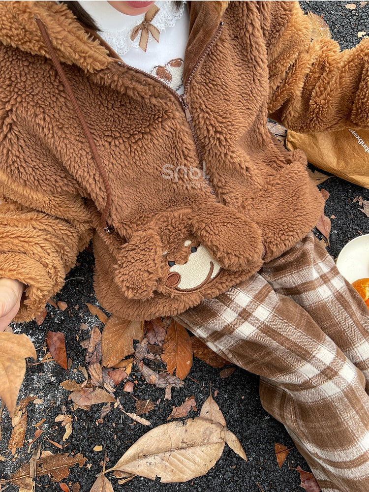 Brown Cute Puppy Pocket Design Fleece Zip Hoodie