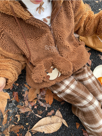 Brown Cute Puppy Pocket Design Fleece Zip Hoodie