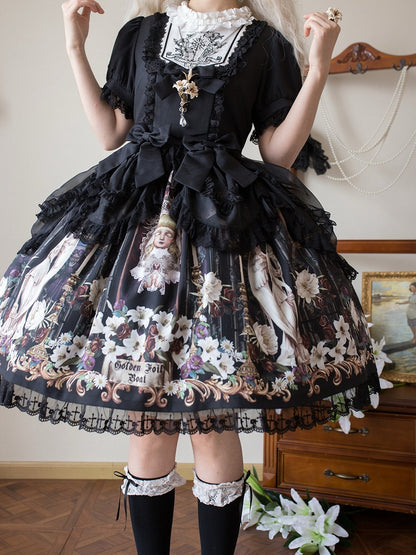 Robe noire à manches courtes style gothique lolita à imprimé poupée Lily et Puppet