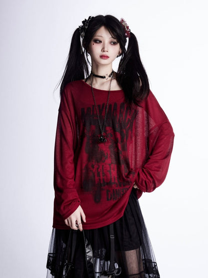 Graphic Vintage Coverup Red Semi-sheer Asymmetrical Neckline Sun Protection