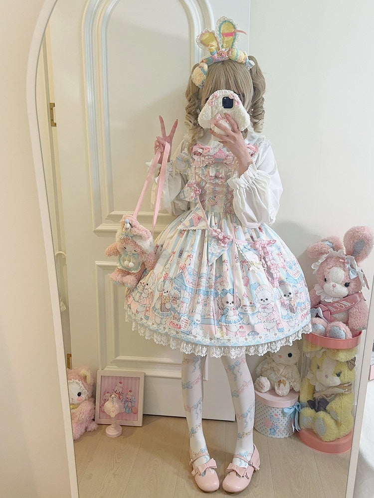 Dress with Print Ribbon Flags Sweet Light Afternoon Tea Yellow Lolita Puppy's
