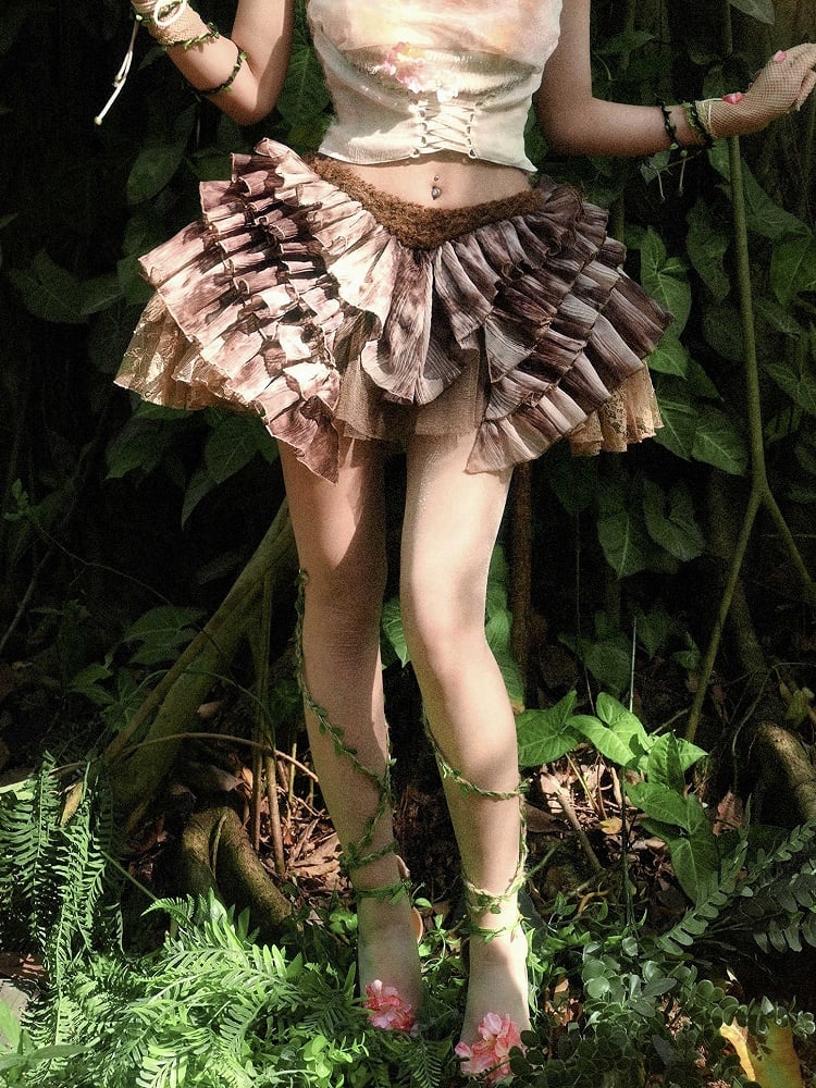 Brown Low Goth Shorts with Lining Tiered Fairy Waist Skirt Tie Ruffles Dye