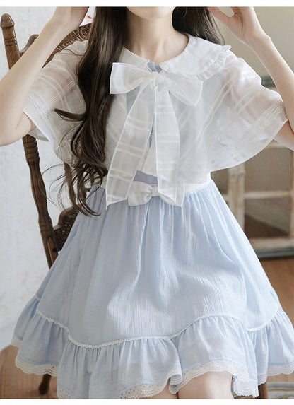 Jirai Kei Light Blue Peter Pan Collar Cape Design Faux Two-pieces Dress