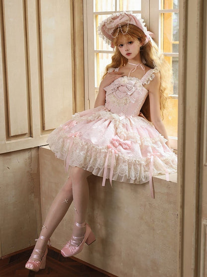 Fabric Pink Lolita Sweet Dress Bow Jacquard Accents Jumper Skirt