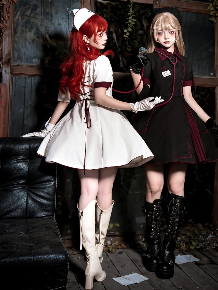 White and Red Halloween Costume Nurse Lolita Dress Full Set