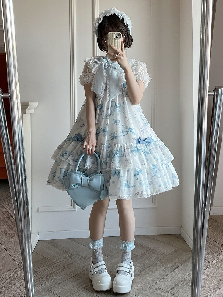 Blue Big Bowknot on Neckline Bows Double Layered Lolita Dress