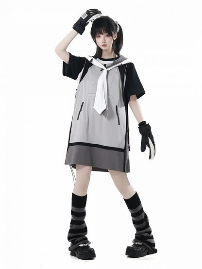 Dress Side Techwear Kapuzenweste Grau Colorblock Design Kordelzug
