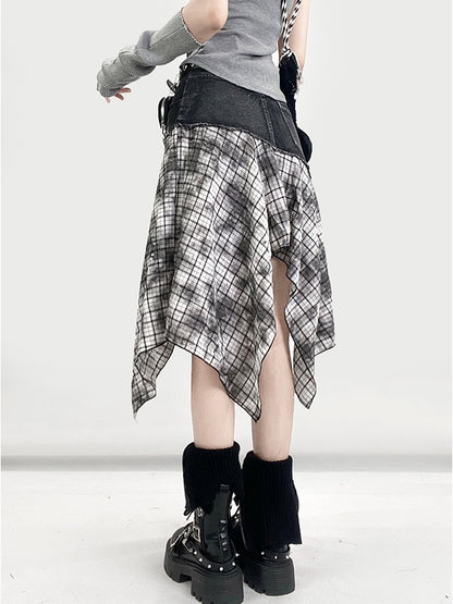 Plaid Handkerchief BlackWhite Y2K Pattern Skirt Hem