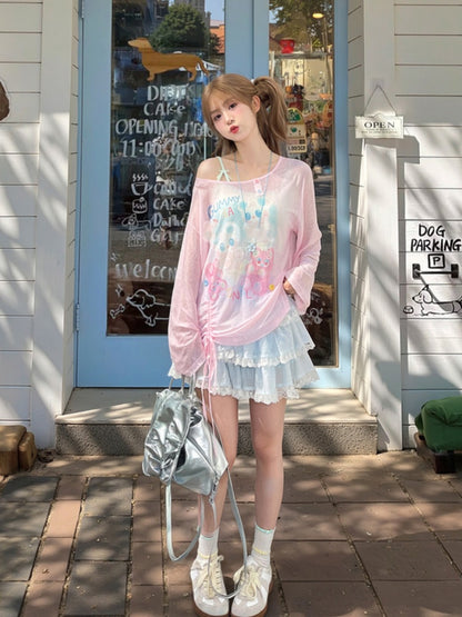 Blue/Pink Cute Semi-sheer Hem Cartoon Print Drawstring Top