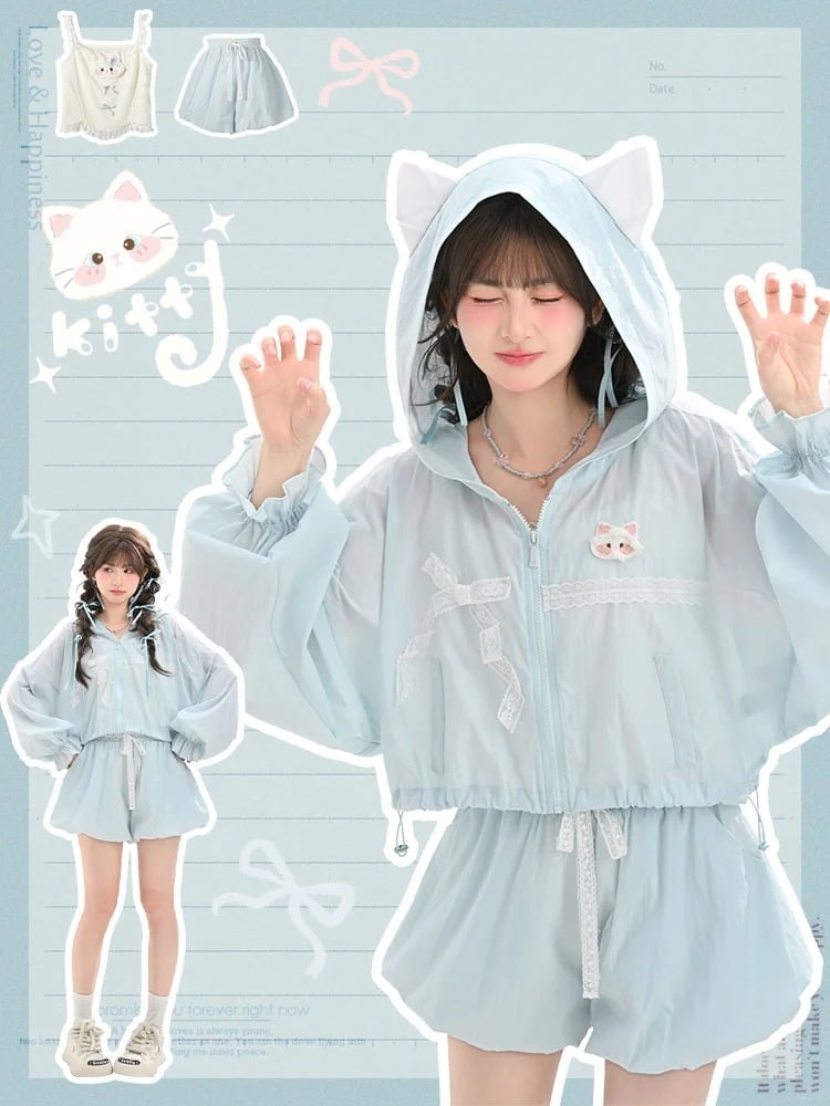 Kawaii Kapuze Spitze Schleife Sonnenschutz Jacke Blau Kitty Ohren Design Yume