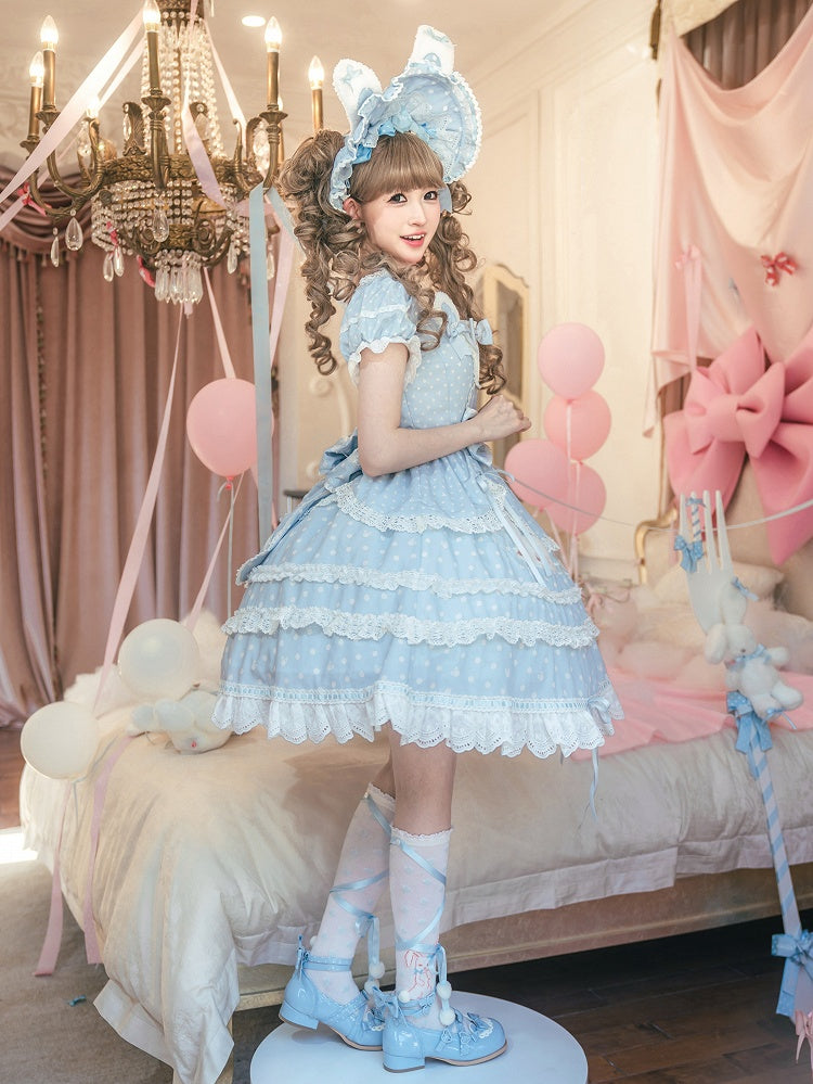 Bunny Square Dots Pattern Ears Lolita Polka Blue Plush Neckline Sweet Dress