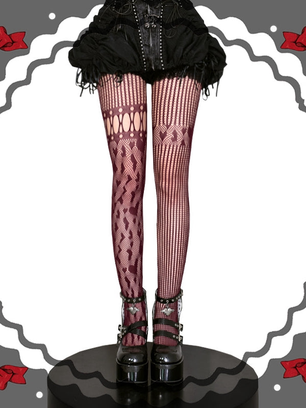 Black / Red / White Heart Pattern Asymmetrical Fishnet Tights