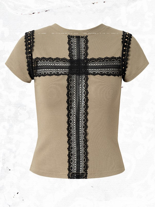 T-shirt Greyish with Cross Print Black Accents Punk Necklace Reversible Green Lace