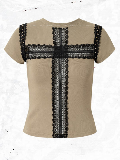 T-shirt Greyish with Cross Print Black Accents Punk Necklace Reversible Green Lace