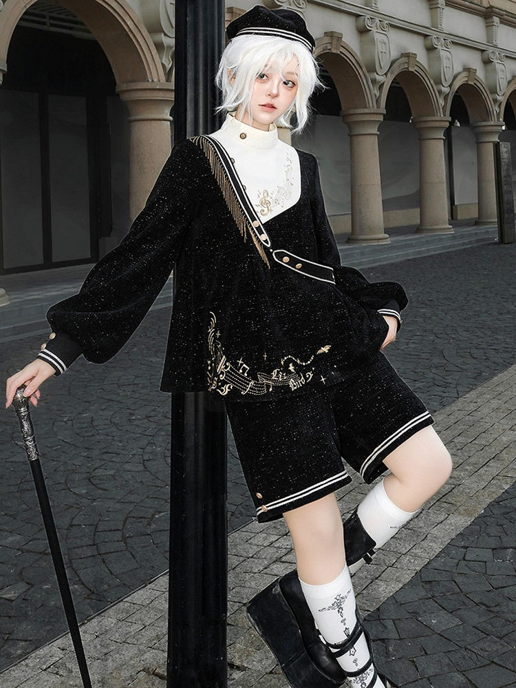 Black Ouji Glittering Waffle Top with Music Notes and Fringe Sash
