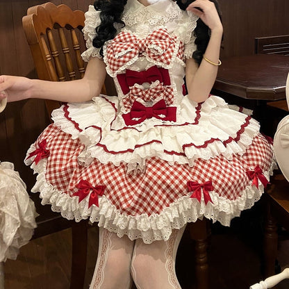 and Hem Scalloped Dress Edge with Sweet Skirt Pattern Lolita Gingham Tiered White Trim Red