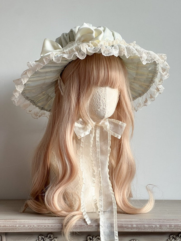 Bow Blue/Green/Pink Sweet and Ruffles Lolita Striped Accent with Hat Lace