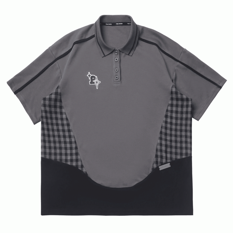 Gray Plaid Patchwork Design Polo Collar Loose Casual T-Shirt
