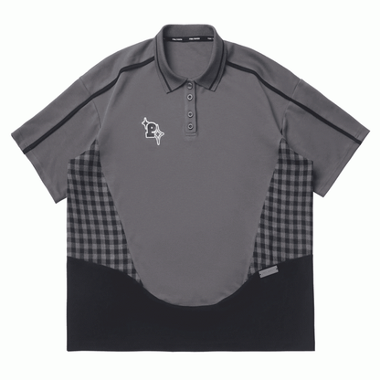 Gray Plaid Patchwork Design Polo Collar Loose Casual T-Shirt
