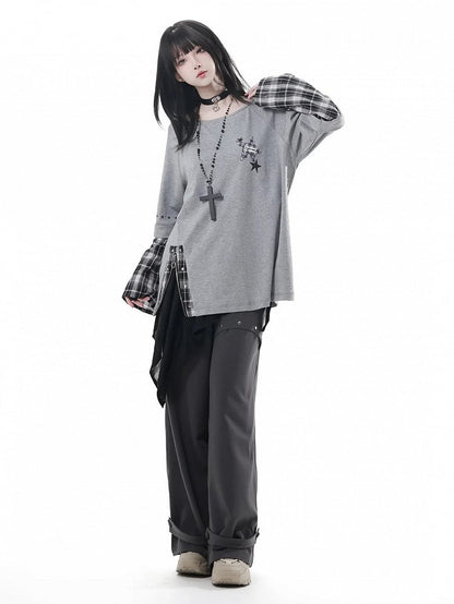 Detachable Grey Unisex Zipper Taste Studded Plaid Slit Aesthetic: with Oversized Sleeves Top