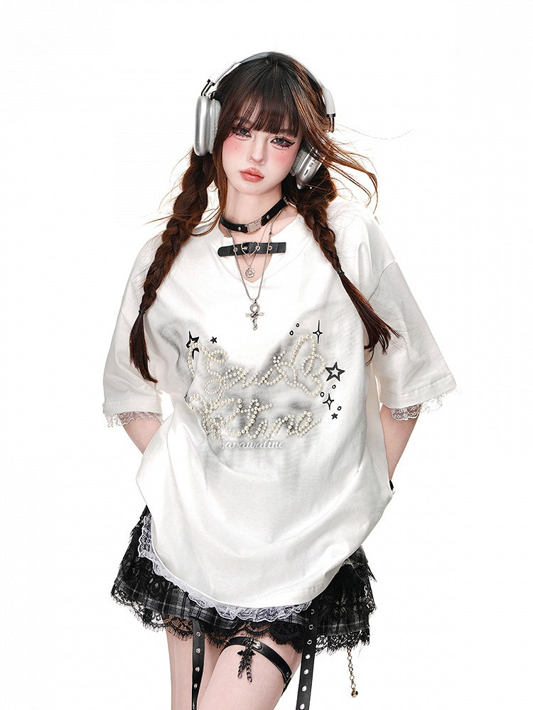 Mint Green/Black/White V-Neck Heart Buckle Bead Details Lace Trim T-shirt