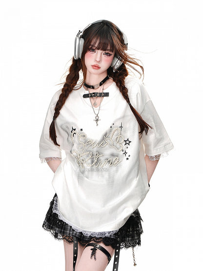 Mint Green/Black/White V-Neck Heart Buckle Bead Details Lace Trim T-shirt