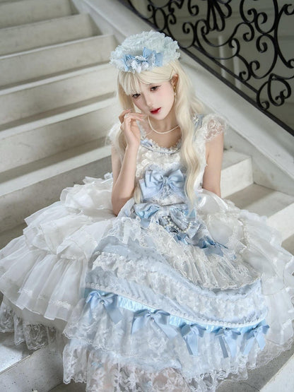 Bows and Skirt Decoration Dress Full Tiered Set Hanayome Blue White Lolita JSK Hime