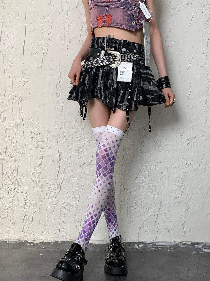 Overknee Stockings WhitePurple Y2K Pattern Diamond