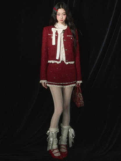 Christmas Red Tweed Cropped Jacket  Lace Trim Bowknot and Bead Details